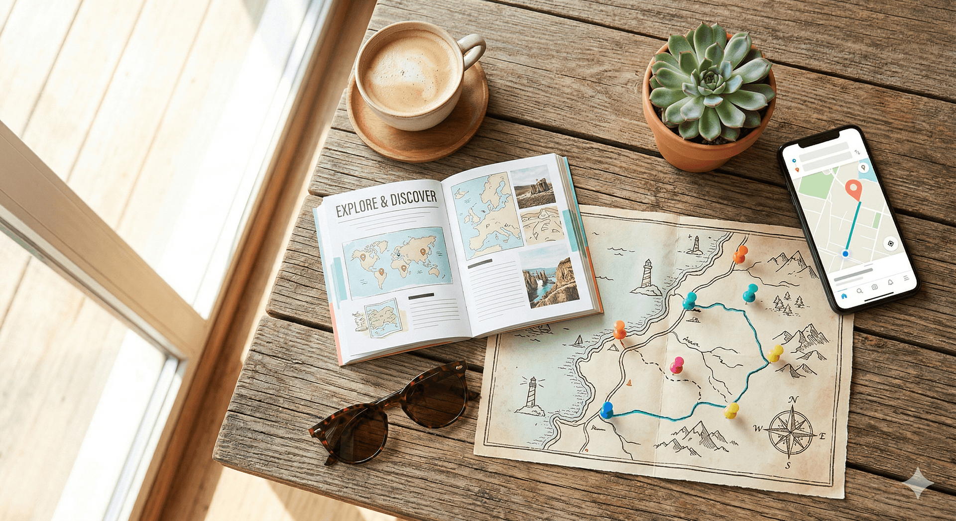 旅の計画を楽しむテーブルの上の地図とコーヒー